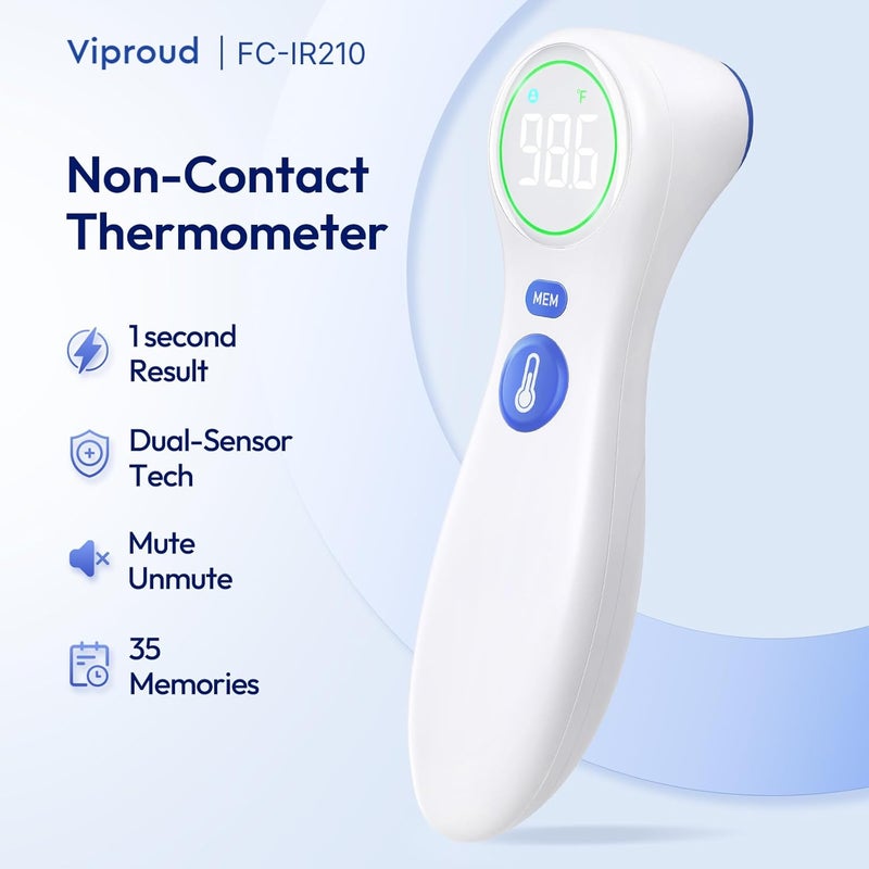 Viproud مقياس حرارة بدون لمس للبالغين والأطفال، قراءة سريعة في 1 ثانية، إنذار حمى ملون، وضع صامت، وظيفة قياس درجة حرارة الأجسام والغرف، أساسي للأطفال | طبي منزلي | ملحقات الممرضات للعمل - Image 2